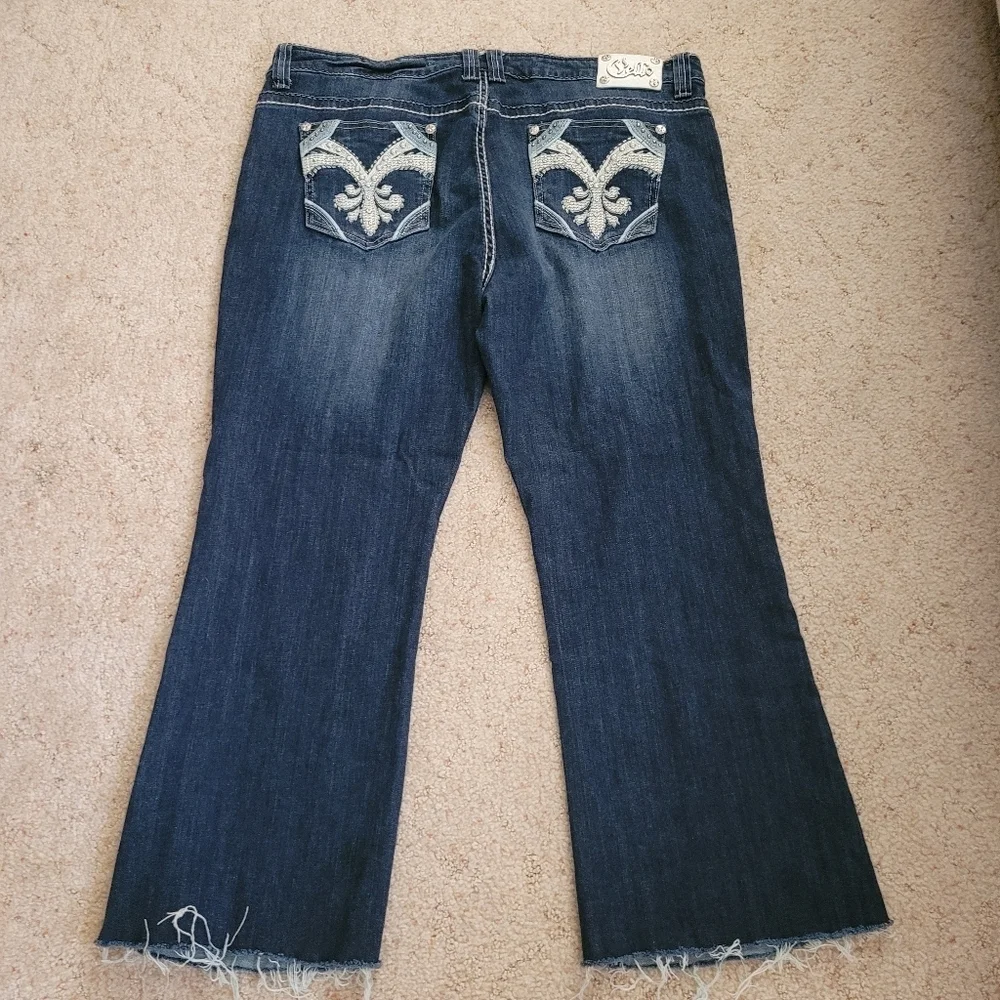 Cello Embroidered Pocket Bootcut Raw Hem Jeans Dark Wash